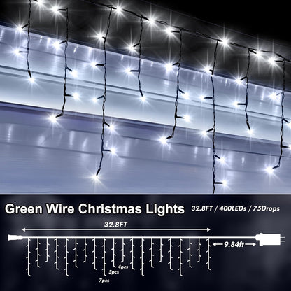 KNONEW 33FT 400 LED Christmas Lights Outdoor Black Wire String Lights with 75 Drops, 8 Lighting Modes, Timer Memory Function Connectable Hanging Curtain Lights for Halloween Party Decor (Cool White)
