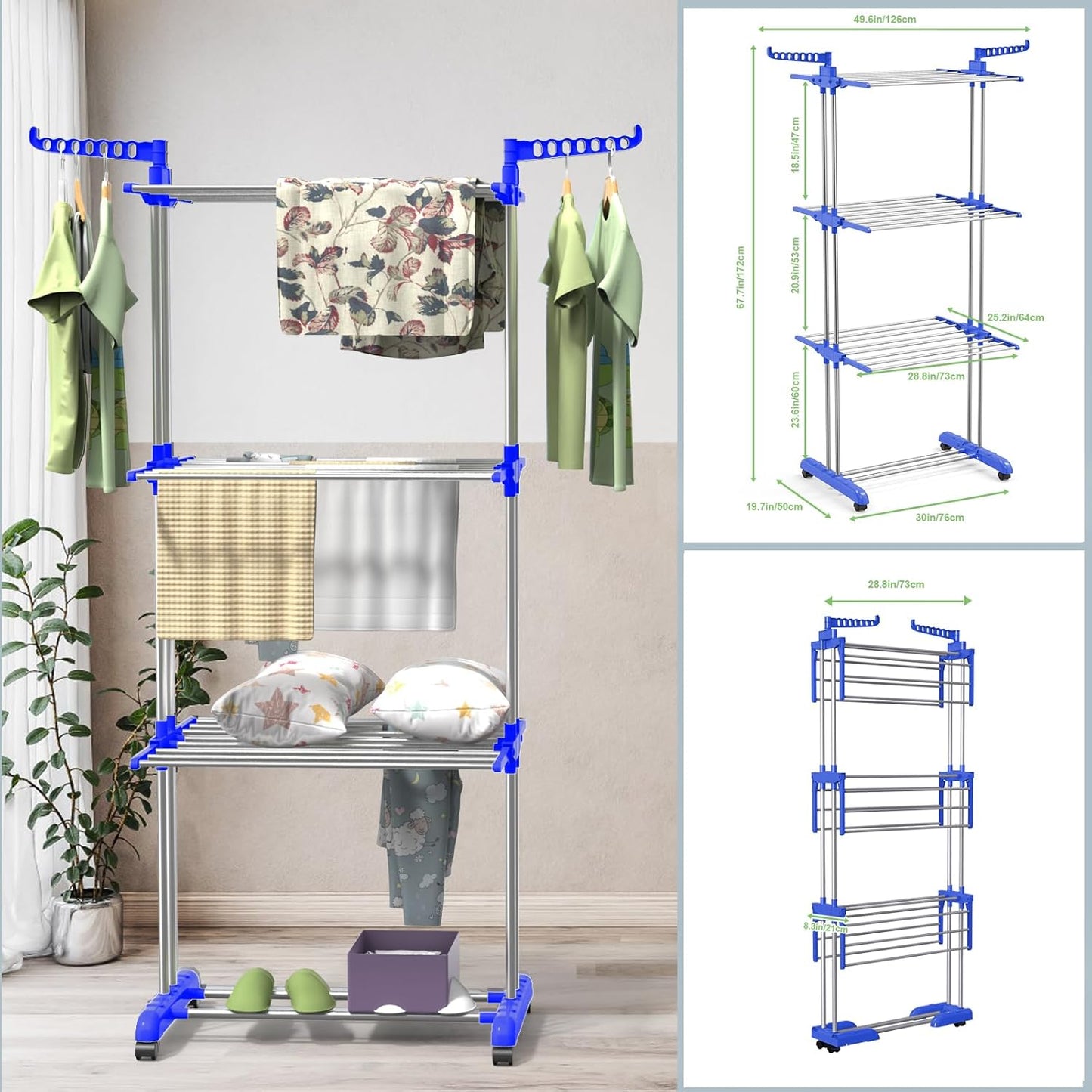 Bigzzia Clothes Drying Rack, 67.7 Inch Laundry Drying Rack with Foldable Base, 4 Tier Stainless Steel Drying Rack Clothing, Movable Laundry Rack for Indoor Outdoor-Blue