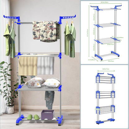 Bigzzia Clothes Drying Rack, 67.7 Inch Laundry Drying Rack with Foldable Base, 4 Tier Stainless Steel Drying Rack Clothing, Movable Laundry Rack for Indoor Outdoor-Blue