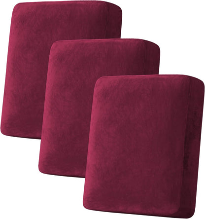 H.VERSAILTEX Velvet Stretch Couch Cushion Cover Plush Cushion Slipcover for Chair Loveseat Sofa Cushion Furniture Protector Seat Cushion Sofa Cover (3 Piece Sofa Cushion Covers, Burgundy)