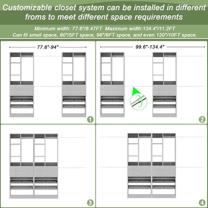 Closet System, Up to 134"/11.2 FT Closet Organizer with 4 Wooden Drawers and Shelves, Walk-in Closet System with 6 Hanging Rods, Built-in Closet Can Fit 96"/8FT, 120"/10FT, Morandi Grey