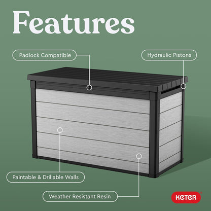 Keter Denali 200 Gallon Resin Large Deck Box with Double Wall 20mm Panels - Paintable and Drillable-Organization and Storage for Patio Furniture and Outdoor Items, Grey & Black