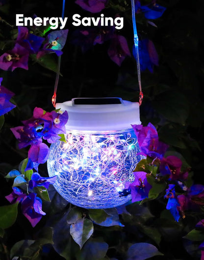 Solar Lantern Solar Lights Outdoor Waterproof 2-Pack, Solar Powered Hanging Lights Cracked Glass Hanging Globes for Christmas Decoration, Shepherd Hook, Garden Tree Ornaments,White Cap, Multi-Color