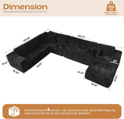 Cloud Sectional Couches for Living Room,U Shaped Modular Sofas No Assembly,165x107 Inches Plush Corduroy Oversized Floor Couch Set with Deep Seat Chaise,Black