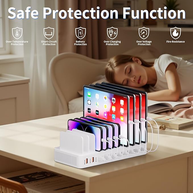 60W Charging Station for Multiple Devices, 10-Port USB Fast Charging Station with Adjustable Dividers - Device Organizer Charging Dock for iPhone, Android, iPad, Tablets & More