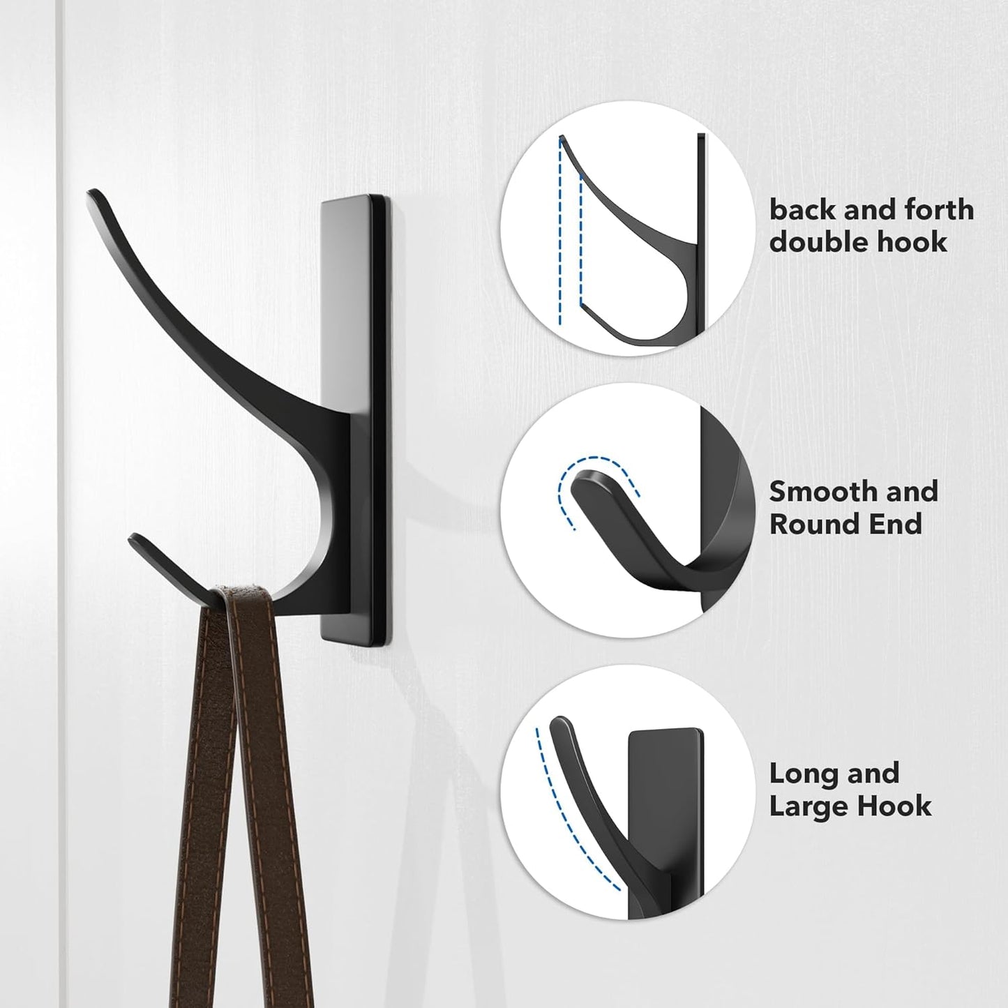 Self Adhesive Coat Hooks for Hanging, Heavy Duty Stainless Double Wall Hook for Towel, Backpack, Hat, Sturdy Metal Hanger for Bathroom, Bedroom, Door, Wall Mounted, 10 Pack, Matt Black, New