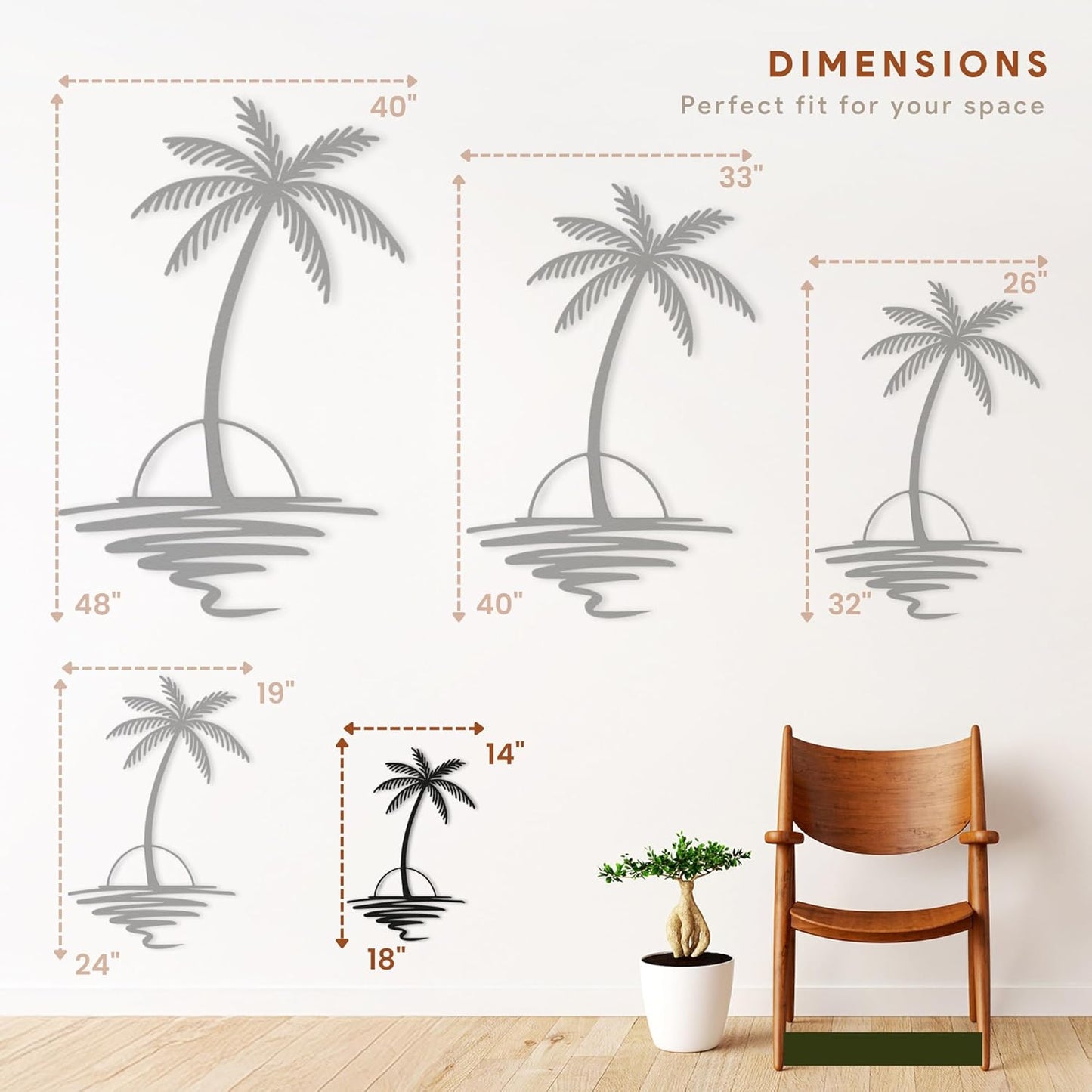 Metal Palm Tree with Sunset Wall Art, Large Outdoor Wall Decor, Tropical Beach Coastal Decor for Living Room, Bedroom, Garden Home Wall Sign, Perfect Metal Wall Art for Beach House, Coastal Theme, and Home Decoration (Gold, 18 x 14 inches)