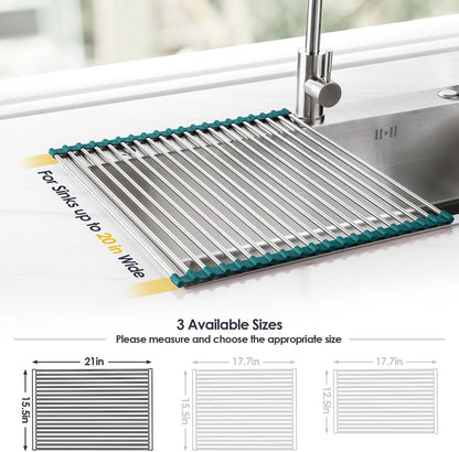 Tomorotec Stainless Steel Roll Up Dish Drying Rack, Foldable Over The Sink Rolling Drainer Rack, Multipurpose Kitchen Gadget Draining Caddy Organizer, Space Saving Sink Accessory Storage Shelf Holder