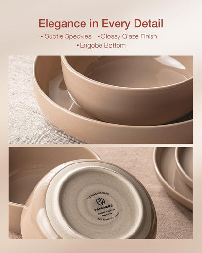 Famiware Milkyway Stoneware Dinnerware Sets with Pasta Bowls, Service for 4 (16 Pieces), Plates and Bowls Sets -Scratch Resistant, Microwave and Dishwasher Safe Dishes Set, Cinnamon Brown