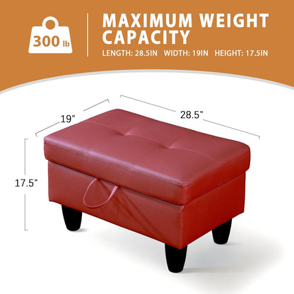 Ottoman Rectangular Storage Ottoman Bench, Faux Leather Footrest, Coffee Table, Stool Footstool with Hinged Lid for Living Room, Bedroom, Entryway, Red, 28.5"x19"x17.5"