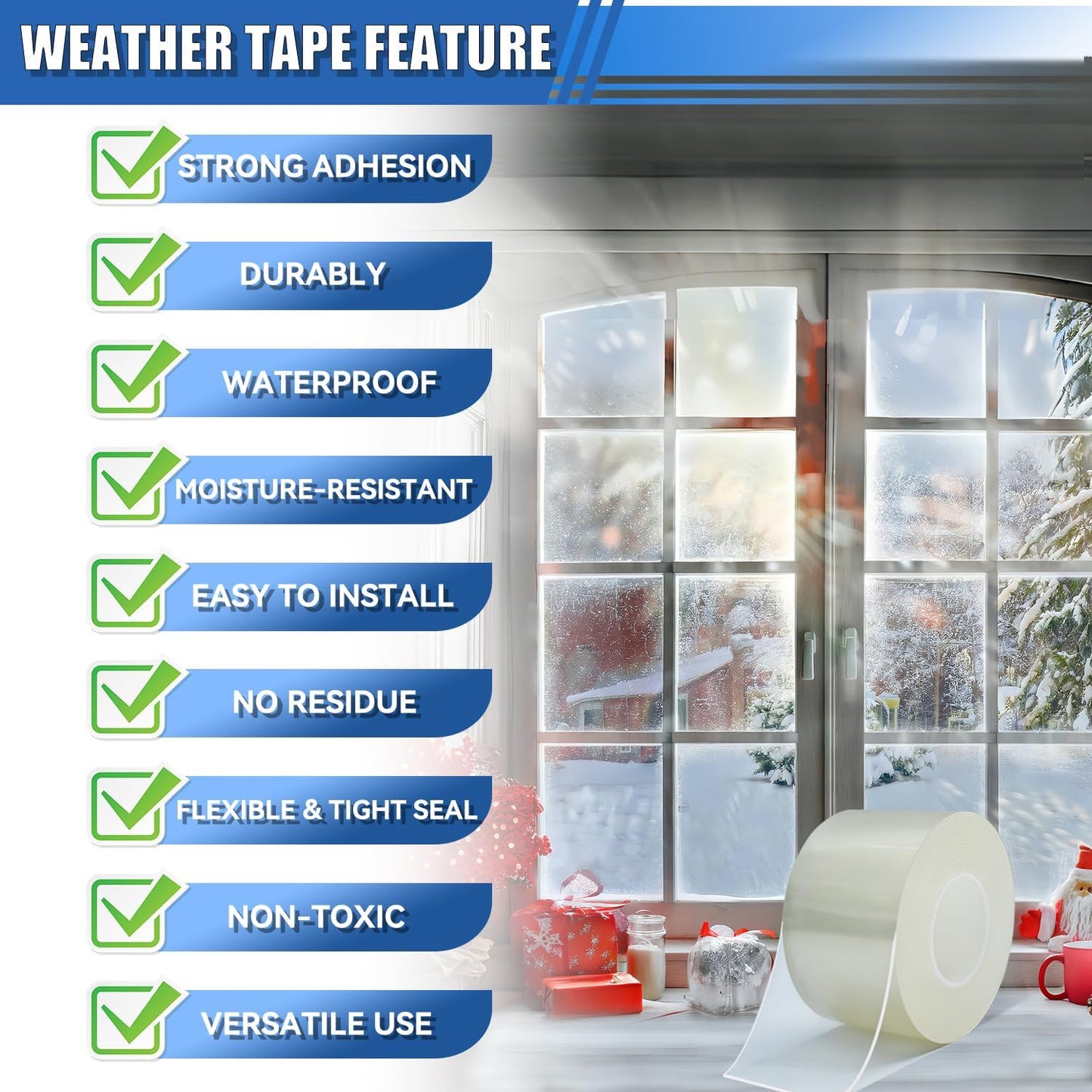 Window Weather Sealing Tape 3 in x 33 FT Weather Stripping Weatherproof Draft Stopper Clear Window Insulation Tape for Doors Windows Garages RVs Energy Saving Kit