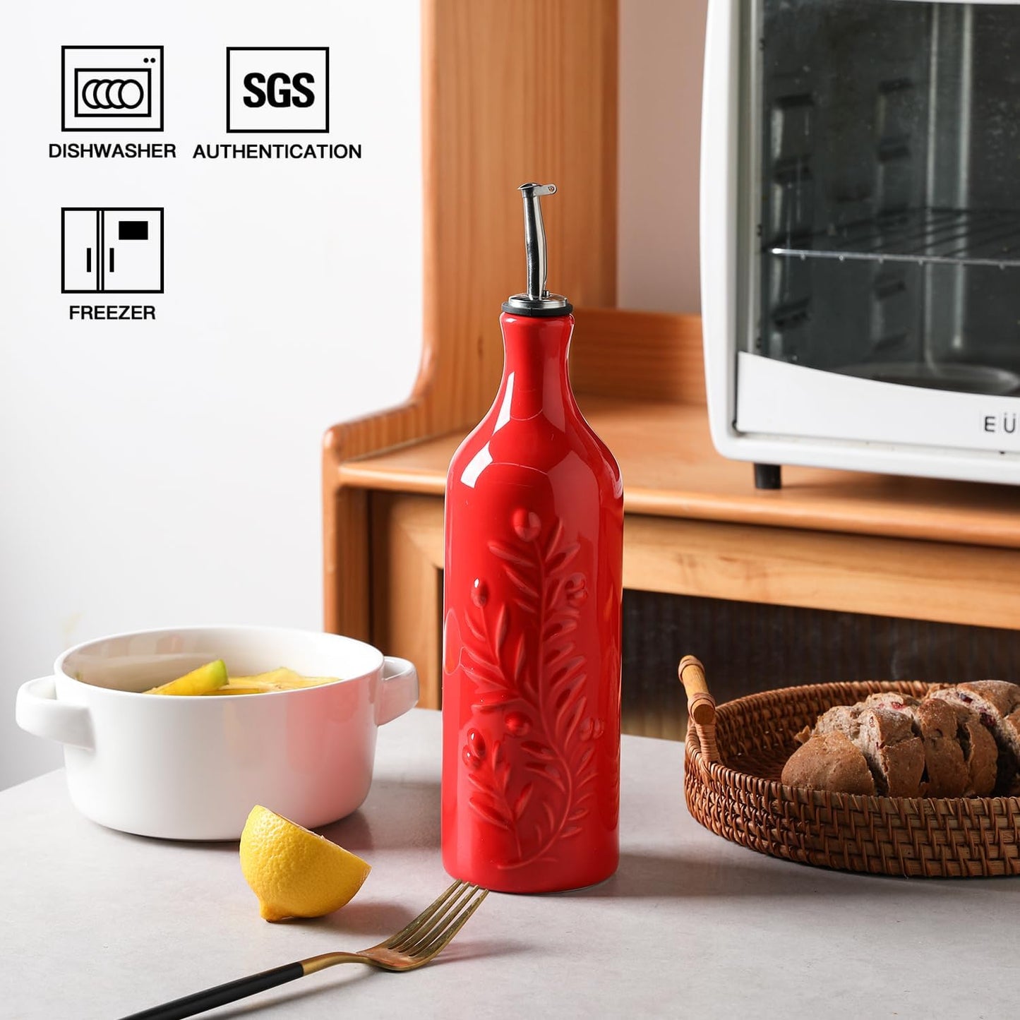 Sweejar Large Olive Oil Dispenser Bottle with Spout, 24 Oz Ceramic Oil Dispenser for Kitchen, Relief Opaque Cruet, Container for Cooking, EVOO, Vinegar, Pack of 1 (Red)