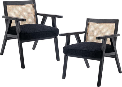 Accent Rattan Chairs Set of 2, Faux Fur Upholstered Living Room Chairs with Cane Back, Retro Mid Century Modern Cane Chair Armchair for Reception Reading Indoor Outdoor, Black