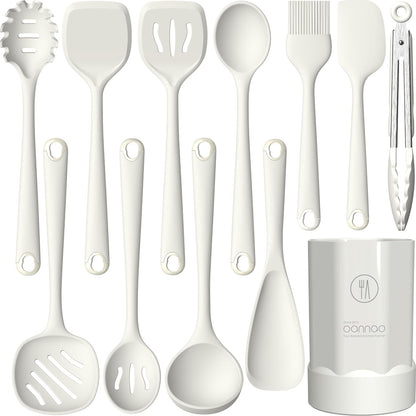 Thickened Silicone Kitchen Utensils Set, 600°F Heat Resistant Silicone Cooking Utensils, Spatula, Spoon, Whisk, Tongs, Kitchen Gadgets for Nonstick Cookware, Dishwasher Safe BPA Free (Cream White)