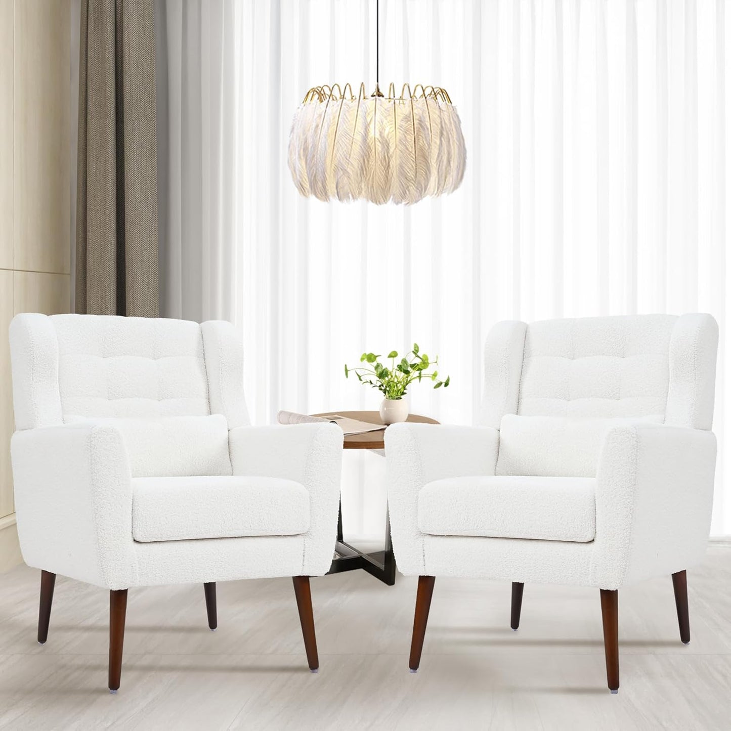 Accent Chair Set of 2, Upholstered Armchair with Pillow, Teddy Single Sofa with Lounge Seat and Wood Legs for Living Room Small Spaces