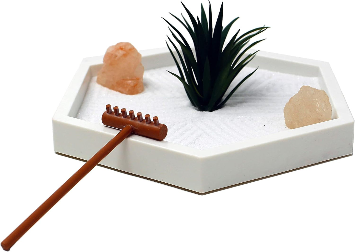 Nature's Mark Mini Zen Garden Kit for Desk with White Sand, Rake, White Base, Salt Rock and Air Plant (Hexagon)