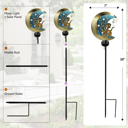 Solar Angel Moon Garden Stake Light – Outdoor Metal Yard Decoration with Crystal Pendant, Waterproof LED Light for Patio, Pathway, Lawn – Rustic Gold & Blue