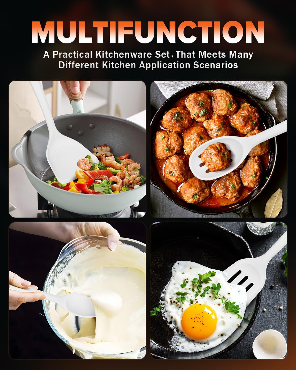 Silicone Cooking Utensils Set, Perfectly Angled for Frying, Mixing,Serving,Draining,Turning and Stirring, BPA-Free Matte Silicone, Wood Handles, Safe for Nonstick Cooking Surfaces,4 Pack (White)