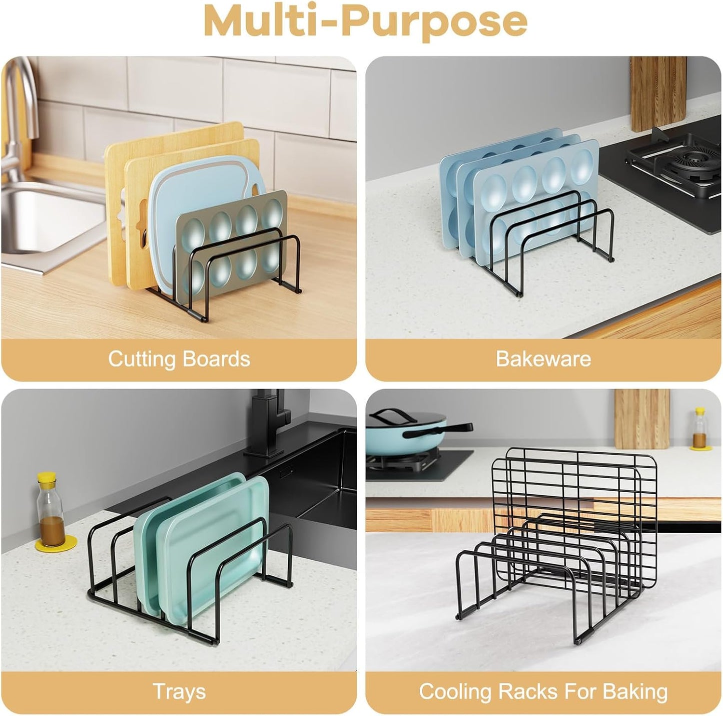 Cutting Board Organizer, [1-Pack] Cutting Board Holder Rack Baking Cookie Pan Sheets Cooling Small Racks Storage Stand for Kitchen Cabinet Countertop Bakeware Storage Organizer Metal Black