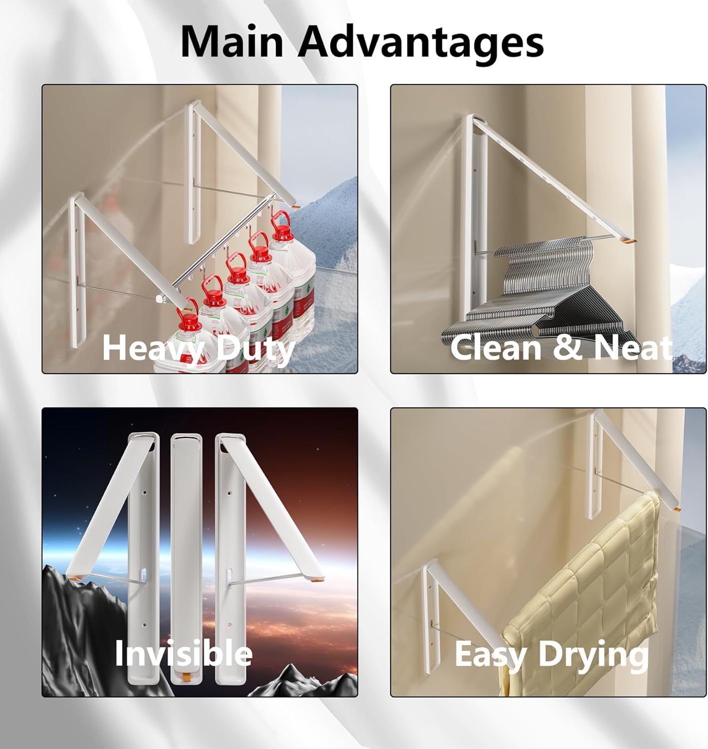 Dr.DJ Clothes Drying Rack with Rod, Wall-Mounted Retractable & Foldable Clothes Hanger for Laundry Room Organization and Storage, Metal Clothes Hanger Rack for Dorm, Closet, Balcony 2Rack,1Rod White