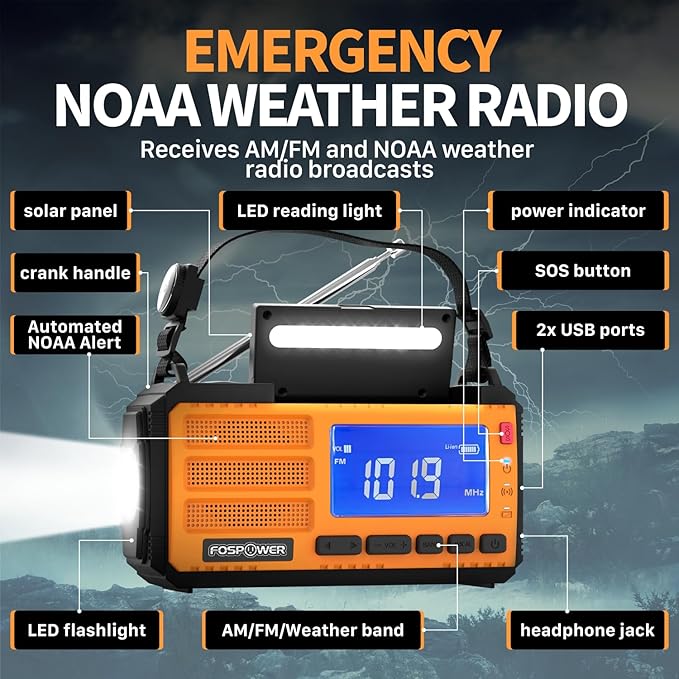 FosPower NOAA Emergency Weather Radio D8 37000mWh Portable Power Bank, AM/FM, USB/Solar/Hand Crank Charging, SOS Alarm & Flashlight for Indoor/Outdoor Emergency - Orange