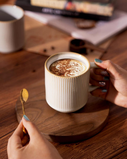 famiware Coffee Mug Set for 4, Star 12 oz Catering Mugs Cup Set with Handle for Coffee, Tea, Cocoa, Milk - Ceramic Stoneware Drinkware Set, Cappuccino White