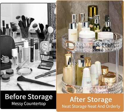 Wesoke 2 Tier Lazy Susan Turntable Cupboard Organiser, Large Rotating Kitchen Spice Rack Spinning Condiment Seasoning Organizer, Detachable Revolving Bathroom Makeup Tray Holder for Cabinet Fridge