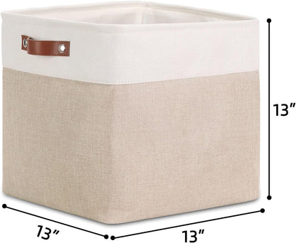 DULLEMELO Cube Storage Bin 13x13,Collapsible Fabric Storage Cube for Organizing,Cubby Storage Basket for Shelves,Closet,Laundry,Nursery,Toys,Clothes (White&Khaki)