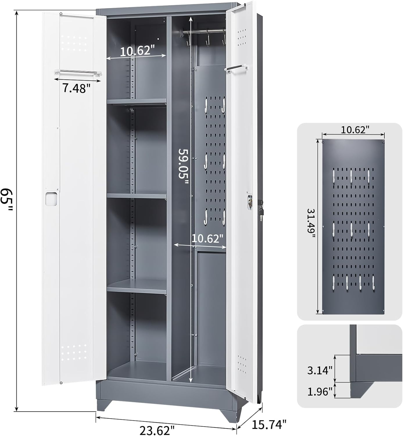 Locking Cabinet,Metal Storage Cabinet with Doors and Shelves,Broom Closet Storage Cabinets for Bedroom,Home Office,Grey-White