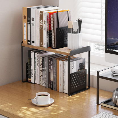 Mitus Shelf Organizer and Storage, Tiered Wood Cabinet Rack for The Kitchen Counter, Bathroom Counter, Pantry Cupboard, Office Desk Bookshelf, 16" Wide Natural and Black