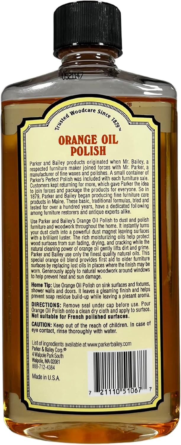 PARKER & BAILEY ORANGE OIL POLISH - Natural Orange Scented Wood Cleaner & Furniture Polish, Cleans, Renews, Restores & Rejuvenates Wood Surfaces, Protects from Drying or Cracking, Shiny Finish, 16oz