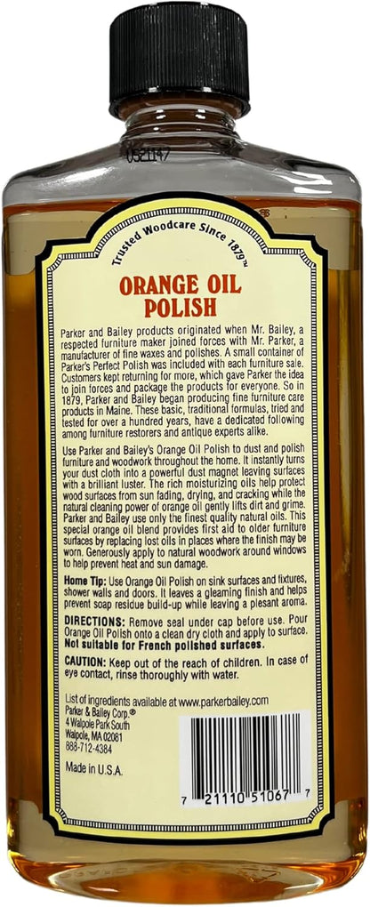 PARKER & BAILEY ORANGE OIL POLISH - Natural Orange Scented Wood Cleaner & Furniture Polish, Cleans, Renews, Restores & Rejuvenates Wood Surfaces, Protects from Drying or Cracking, Shiny Finish, 16oz