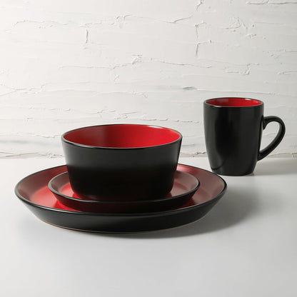 Stone Lain Albie Stoneware 16 Piece Dinnerware Set, Plates and Bowls Sets, Dish Set for 4, Red and Black, Microwave & Dishwasher Safe