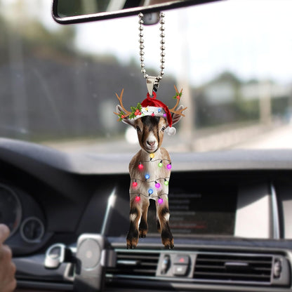 Talataca Goat 2D Flat Christmas Ornament, Goat Wearing Christmas Hat Reindeer with String Lights Pine Tree Decor, Hanging House Charm Eve Keepsake, Car Rear View Mirror Accessories, Xmas Gift