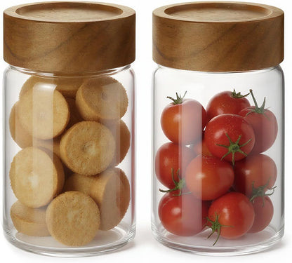 2pc Glass Mason Jars with Acacia Wood Airtight Lids - Overnight Oats & Food Storage Container Set, Clear Stackable Leakproof Kitchen Canisters for Meal Prep/Snack Organization/Spice Storage