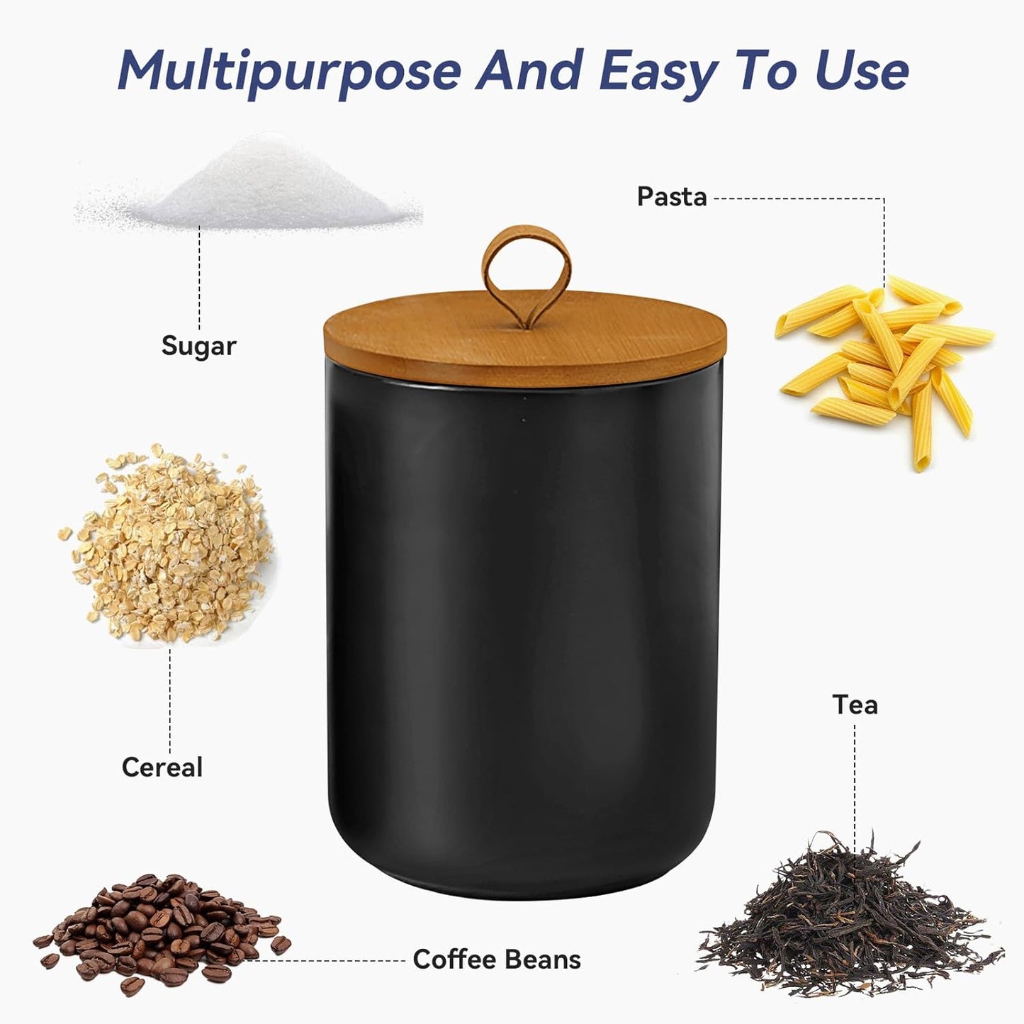 Ceramic Storage Jars, Modern Elegant Highly Polished Airtight Gorgeous Storage Canisters with Wooden Lid Small Food Stroage Jar for Kitchen Spice Tea Vanilla Sugar Coffee Beans (Black tuba)