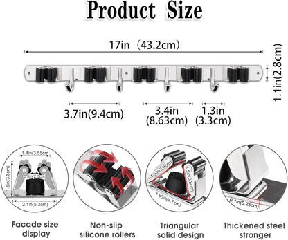 AceMining 5 Racks and 4 Hooks Mop and Broom Holder Wall Mount, Broom Organizer Storage Tool Racks Stainless Steel Heavy Duty Hooks Self Adhesive Solid Non-slip for Home Kitchen Garden Laundry Garage