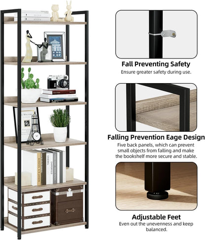 NUMENN Bookshelf, 6 Tier Bookshelves, Home Office Bookcase Shelf Storage Organizer, Free Standing Storage Shelving Unit for Bedroom, Living Room and Home Office, Grey