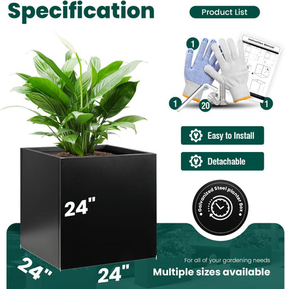 Galvanized Steel Planter Box Black Metal Planter Large Square Indoor Outdoor Planters Cube Steel Heavy Duty Flower Pot 24Inch Powder Coating Modern Commercial Residential for Patio, Deck, Yard, Garden