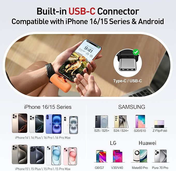 iWALK Portable Charger 5500mAh Next-Gen Small Power Bank 22.5W Fast Charging Battery USB-C Portable Phone Charger for iPhone 17/16/15 17 Plus 17 Pro Max iPad, Samsung Galaxy S25 S24 S23 Android,Orange