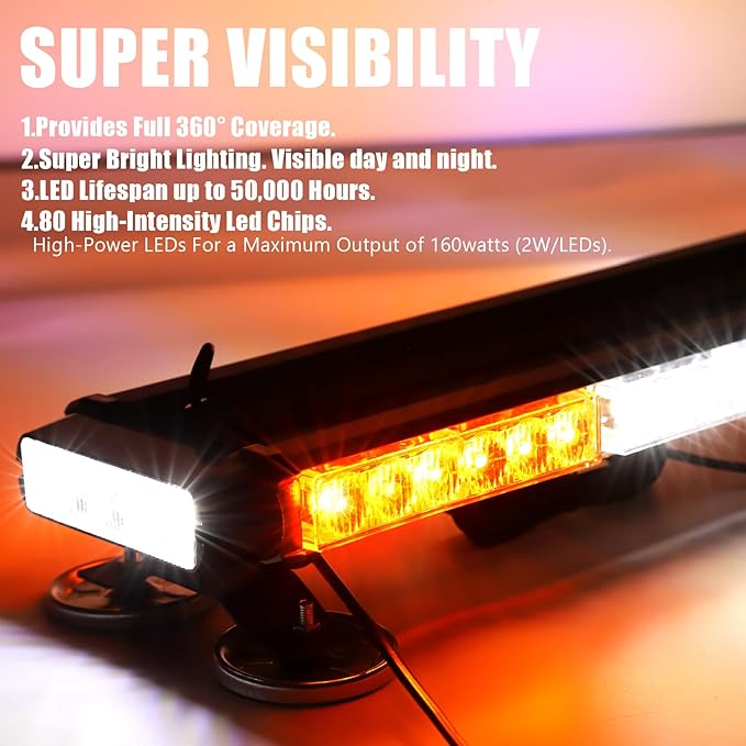 WINECO Amber White 38.5" LED Rooftop Strobe Lights Bar, Double Side Flashing Emergency Hazard Caution Warning Beacon Lightbar w/Magnetic for Construction Vehicles Tow Trucks Vans Tractor Snowplow