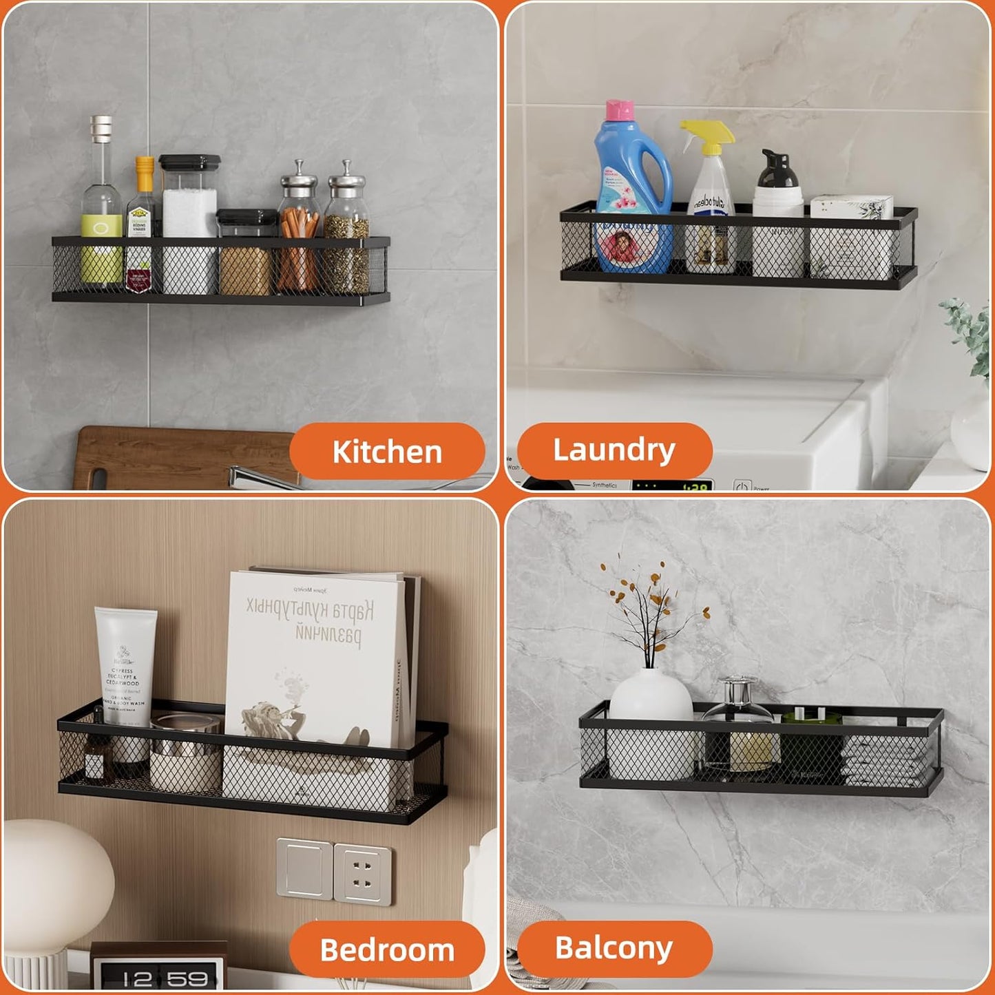 Spice Rack Wall Mount, 4 Pack Pantry Door Organizer & Hanging Storage Baskets Organizer Wall Mount, Large Capacity Metal Spice Shelf for Kitchen Cabinet, Pantry Doors, Bathroom, Shower, Home Decor