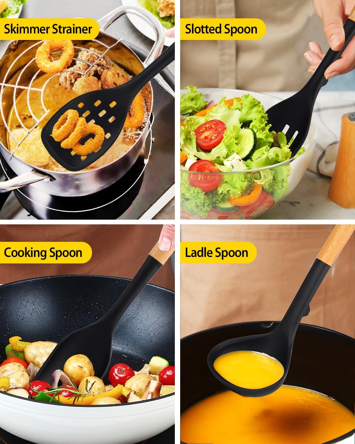 Silicone Kitchen Utensil Set for Non Stick Cookware, 7 Pcs Heat Resistant Cooking Utensils with Wooden Handle, BPA Free Kitchen Tools with Spatulas, Spoons, Skimmer and Pasta Fork (BLACK)