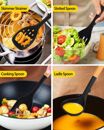 Silicone Kitchen Utensil Set for Non Stick Cookware, 7 Pcs Heat Resistant Cooking Utensils with Wooden Handle, BPA Free Kitchen Tools with Spatulas, Spoons, Skimmer and Pasta Fork (BLACK)