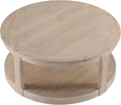 WILLIAMSPACE 40" Round Coffee Table with Wheels, Circle 2 Tier Solid Wood Center Coffee Table, Mid Century Retro Farmhouse Rounded End Table for Living Room Apartment, ø40 x 17.52" H (Oak)