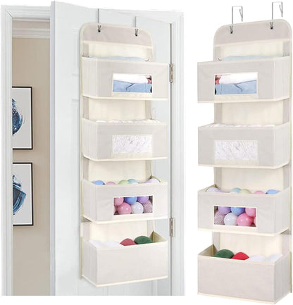 MAX Houser 4-Shelf Over The Door Hanging Organizer with 2 Metal Hooks, 4 Pocket Swing-Proof Behind Door Organizers with Clear Windows for Nursery Bathroom Closet,Dorm,Baby Diapers, Kids Toys (Beige)