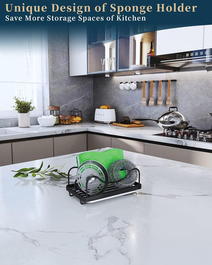 Consumest Sponge Holder for Kitchen Sink - Movable Sink Caddy for Countertop Organizer, 304 Stainless Steel Sponge Holder with Detachable Drip Tray for Kitchen Accessories-Black