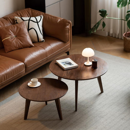 100% Solid Oak Wood Coffee Table Set, Round Coffee Table Combo Side Table w/Solid Wood Legs, Mid Century Table Sturdy Tables for Bedroom Balcony Living Room (Walnut, Big-Medium Combo)