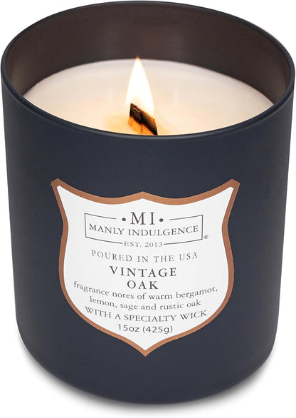 Manly Indulgence Vintage Oak Scented Candles for Men, 15 oz Wooden Wick, Premium Soy Blend Wax, 60H Burn, Candles for Home Scented - Made in The USA