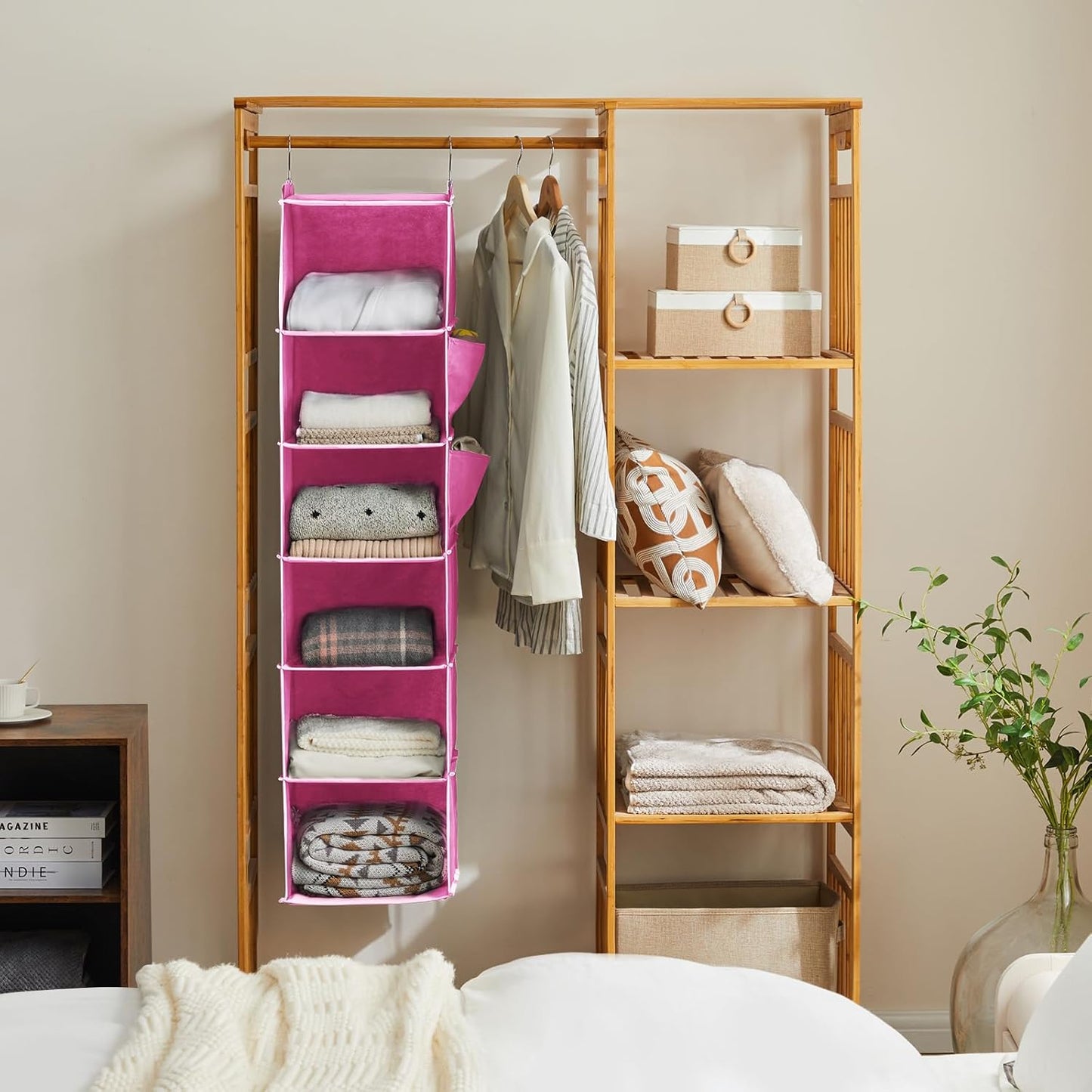 YOUDENOVA Hanging Closet Organizer and Storage, 6-Shelf Closet Hanging Storage Shelves, Light Pink